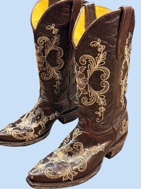 Cavender’s Women’s Cowboy Boots Size 8B Brown Leather Floral Embroidered Western